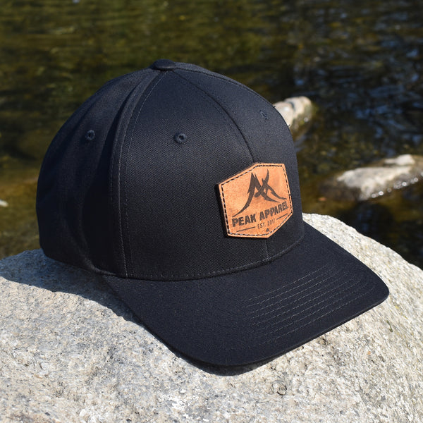 Peak Apparel Hat Logo - Black Patch Flexfit Leather