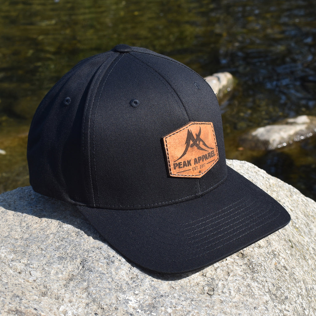 Patch Hat Logo Black Apparel Flexfit Peak Leather -